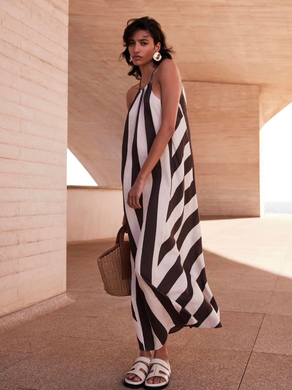 Brown & Creamy White Striped Halter Maxi Dress. Mint Velvet!!!